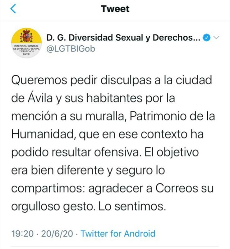 Igualdad pide disculpas y retira el tuit sobre Ávila