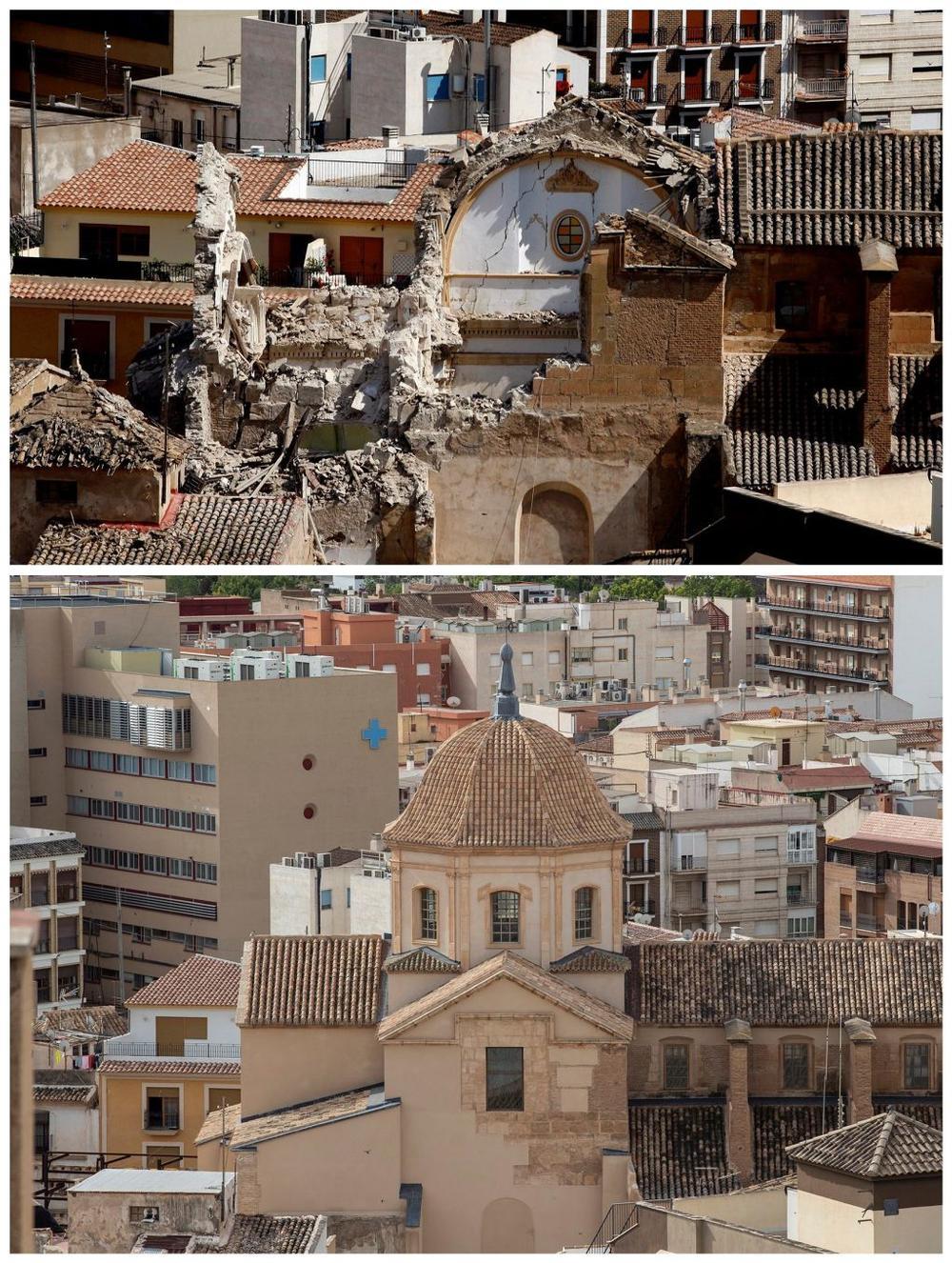 Imágenes de la Iglesia de Santiago de Lorca, la de arriba del 14 de mayo de 2011, tras el terremoto y la de abajo tomada ayer.