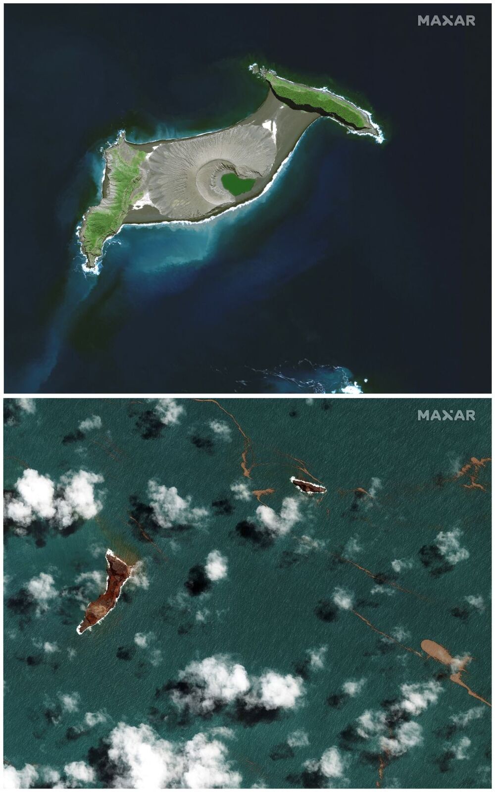 Imágenes comparativas de cómo era el volcán (arriba) y cómo ha quedado su isla tras la violenta erupción