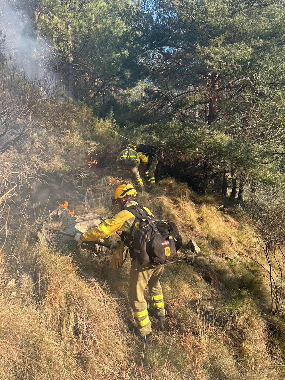 Medios terrestres trabajan en un incendio activo en Guisando