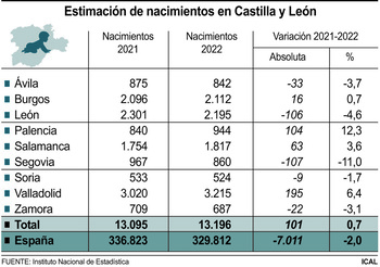Los nacimientos crecen en Castilla y León un 0,7% en 2022